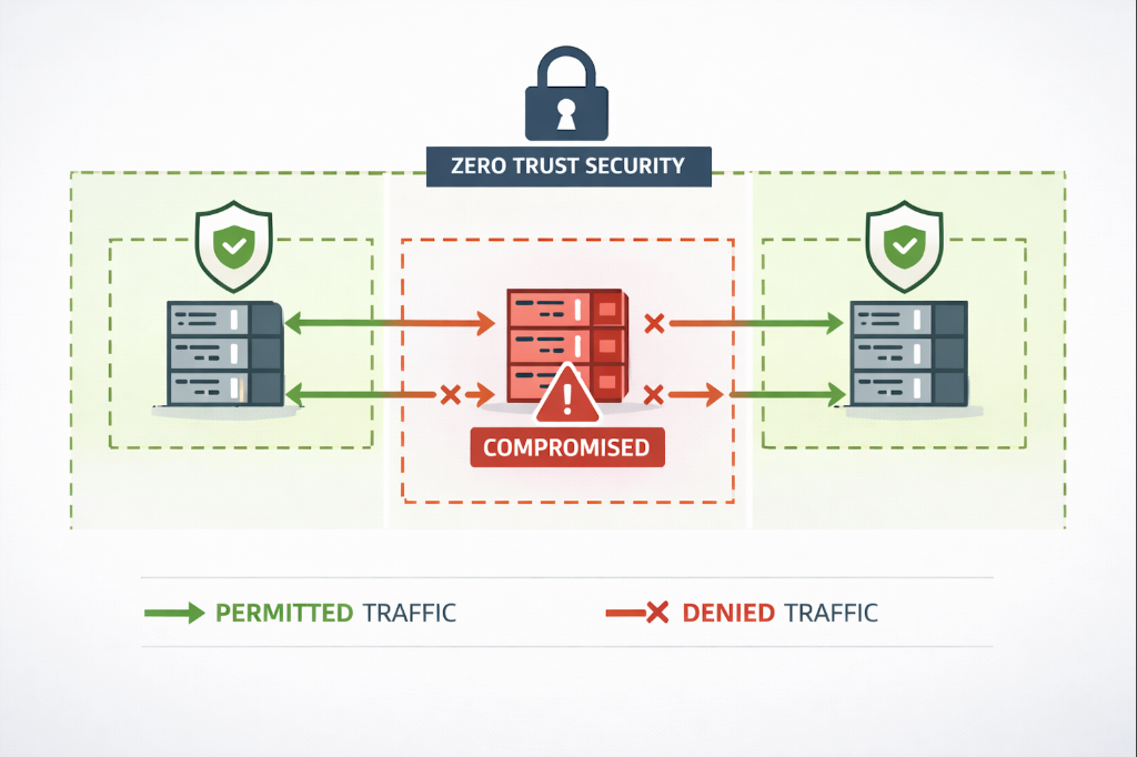 Diagram showing lateral movement in a compromised network versus segmented environment