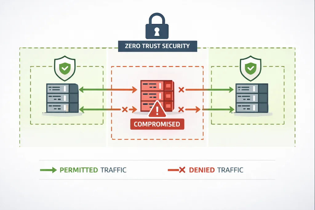 Diagram showing lateral movement in a compromised network versus segmented environment