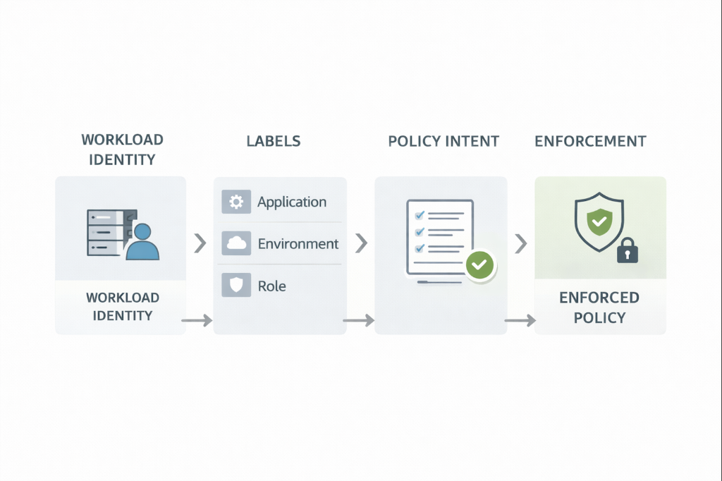 Diagram illustrating workload identity, labels, policy intent, and enforcement