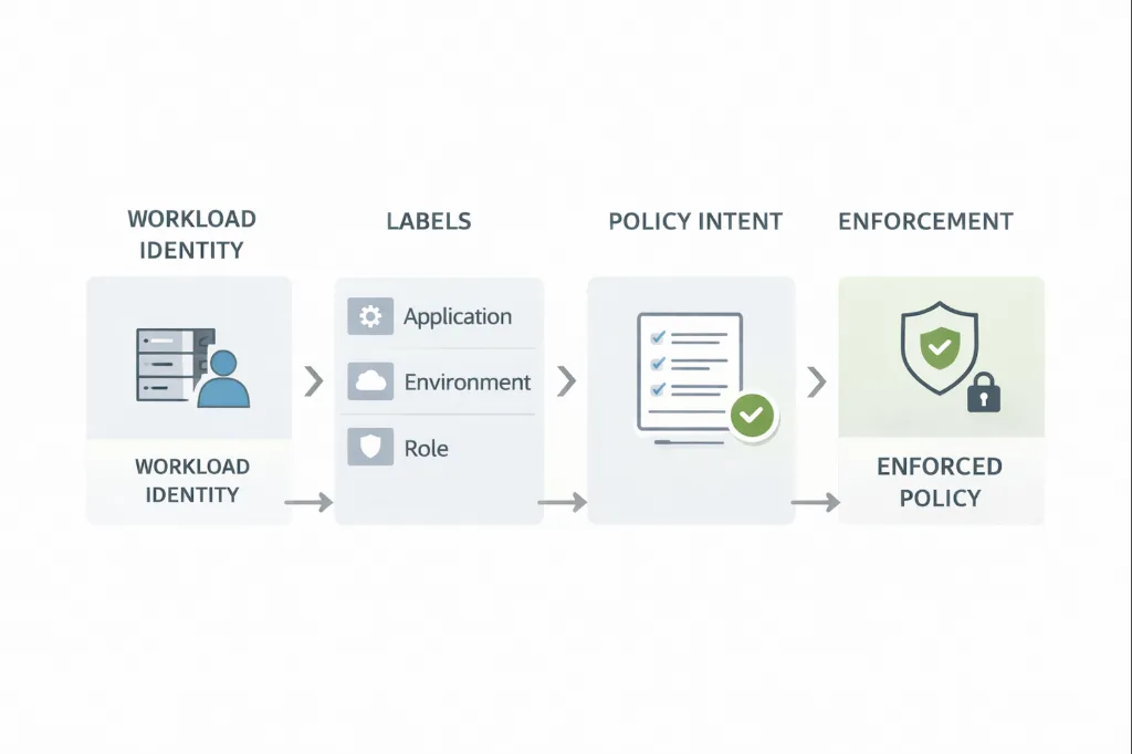 Diagram illustrating workload identity, labels, policy intent, and enforcement
