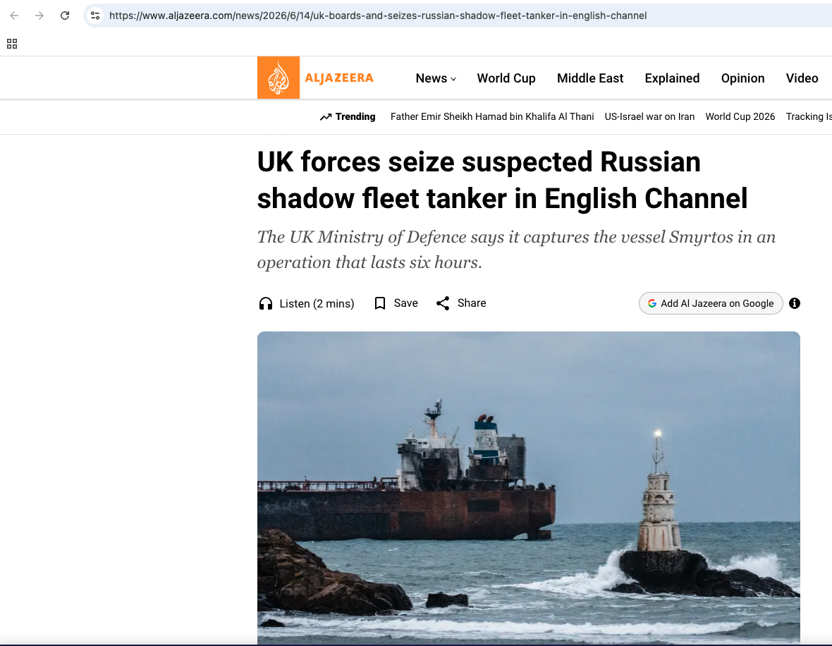 Al Jazeera news article covering the seizure of the shadow fleet tanker Smyrtos