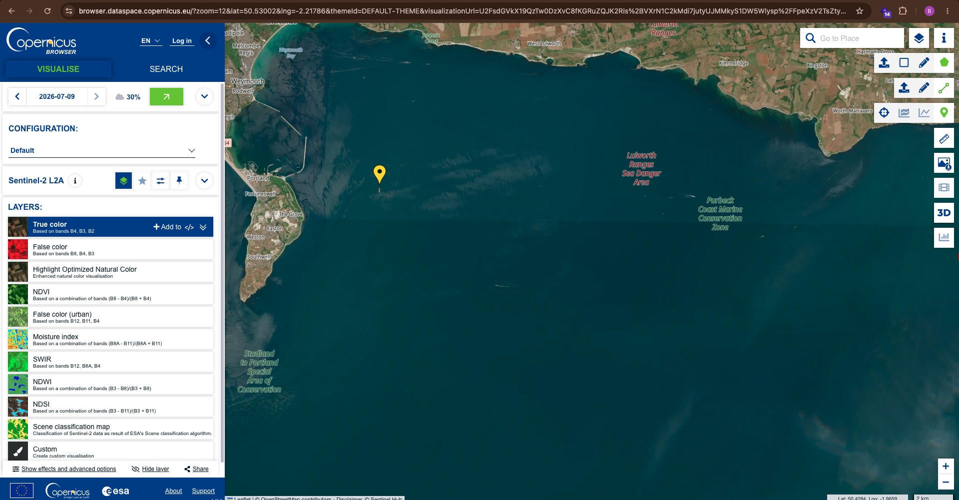 Copernicus Sentinel-2 true color coastline satellite map near Weymouth