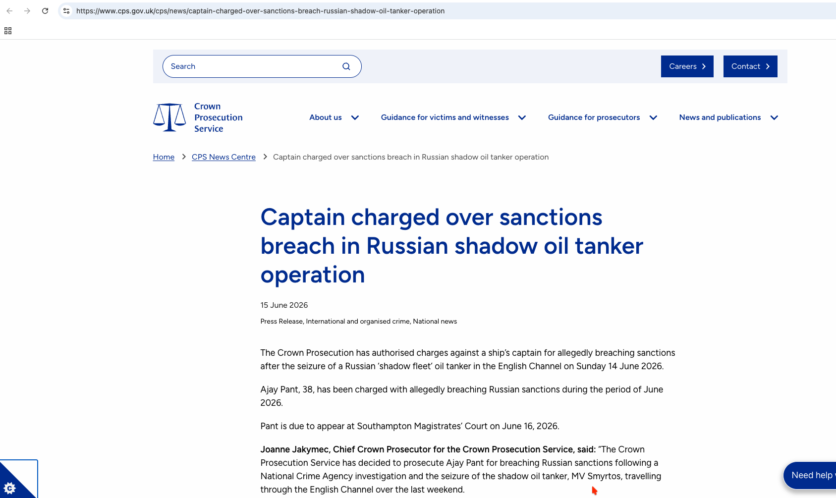 Crown Prosecution Service press release about Captain Ajay Pant charged over sanctions breach
