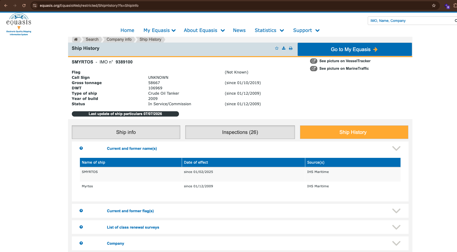 Equasis Ship Info management detail registry table