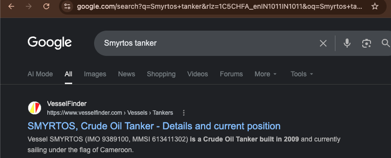 Google Chrome browser search for Smyrtos tanker