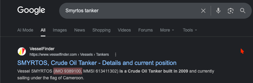 Google Search result snippet displaying IMO 9389100 and MMSI 613411302