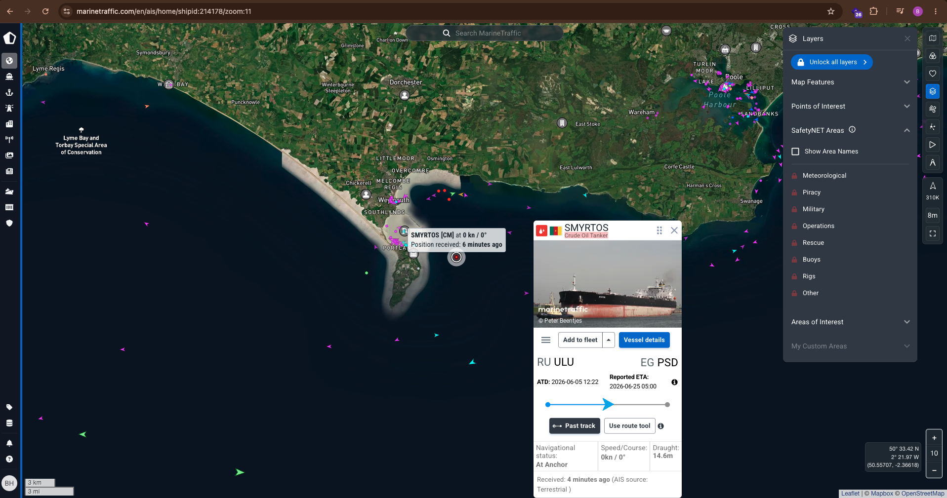 MarineTraffic map popup card with route metadata