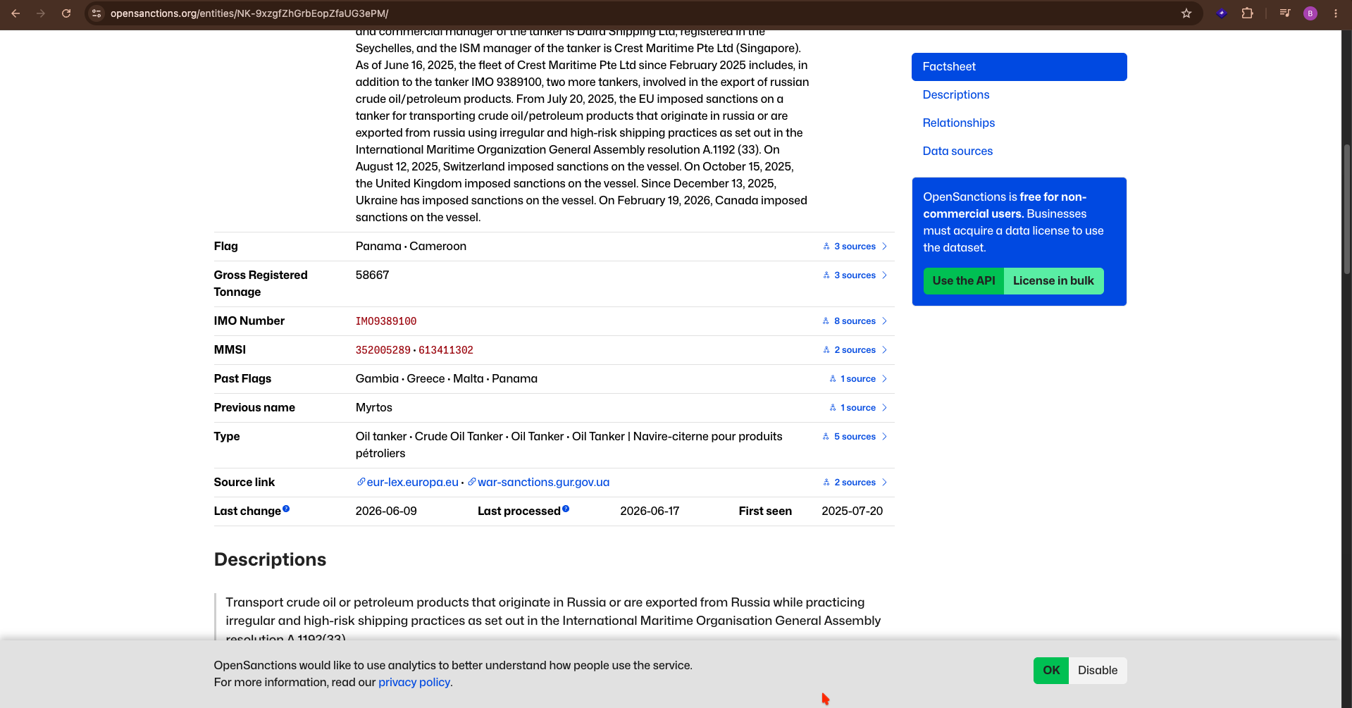 OpenSanctions flag history for IMO 9389100