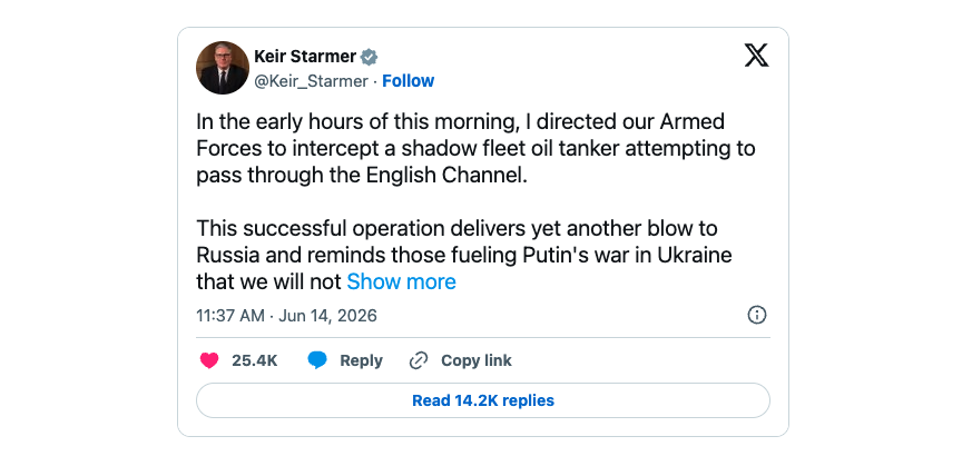 Prime Minister Keir Starmer statement on X about interception of shadow fleet oil tanker