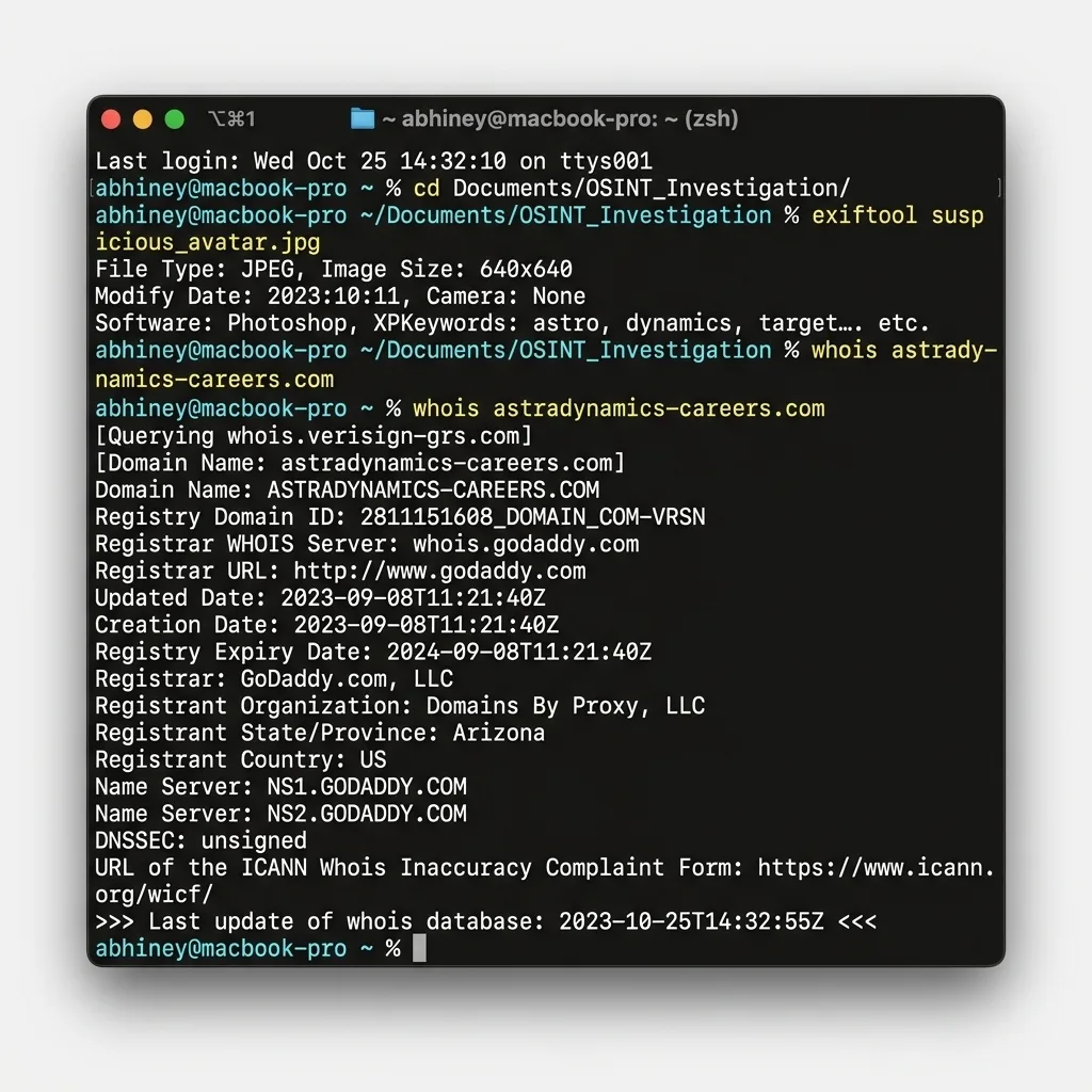Actual macOS Terminal zsh lookup showing exiftool and whois queries